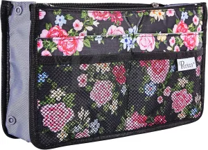 Chelsy Purse Organizer Insert with Handles & 13 Pockets - 3 Sizes (Black Floral, Medium)