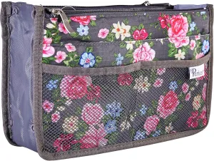 Chelsy Purse Organizer Insert with Handles & 13 Pockets - 3 Sizes (Grey Floral, Medium)