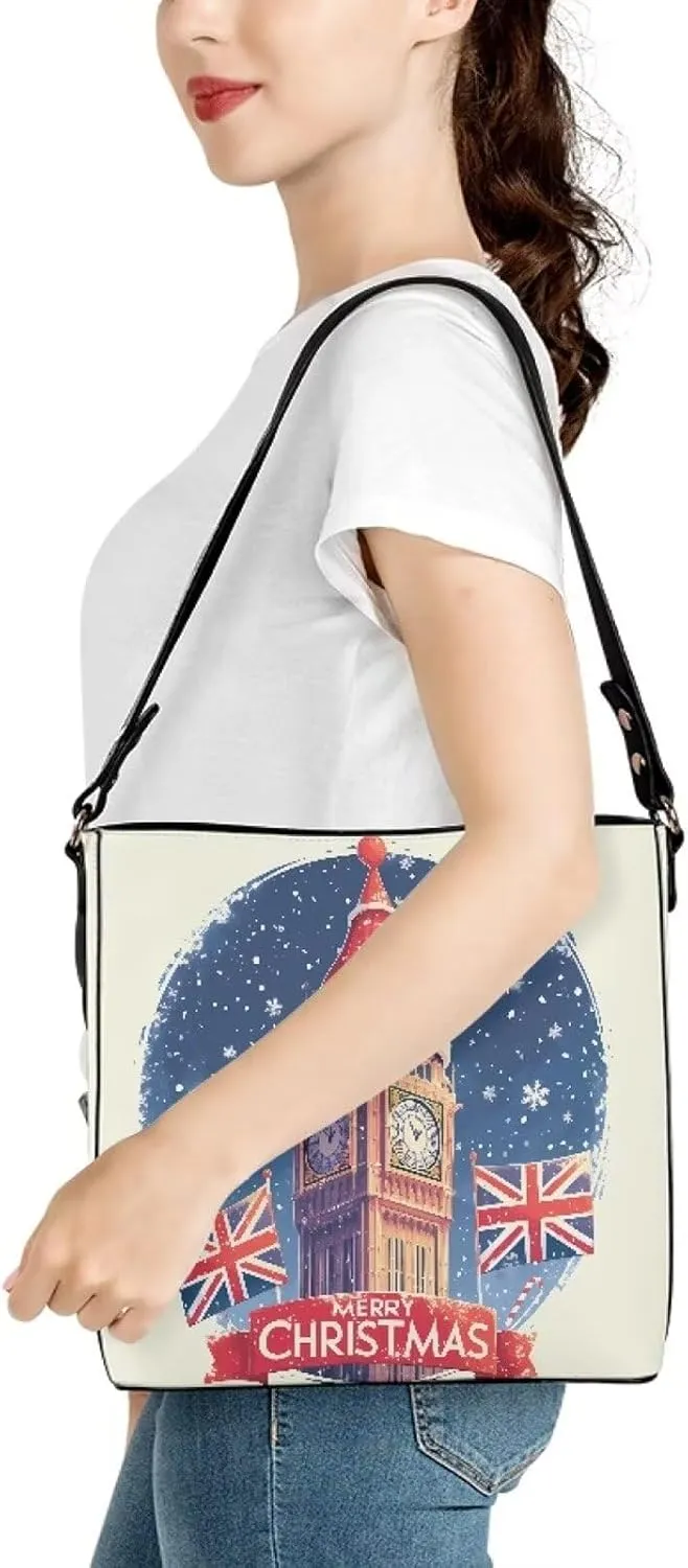 Christmas Tote Bag for Women, Xmas Bucket Totes Bag, PU Leather Shoulder Tote Bags Holiday Gift for Mom Teacher