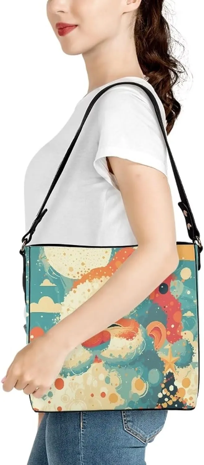 Christmas Tote Bag for Women, Xmas Bucket Totes Bag, PU Leather Shoulder Tote Bags Holiday Gift for Mom Teacher