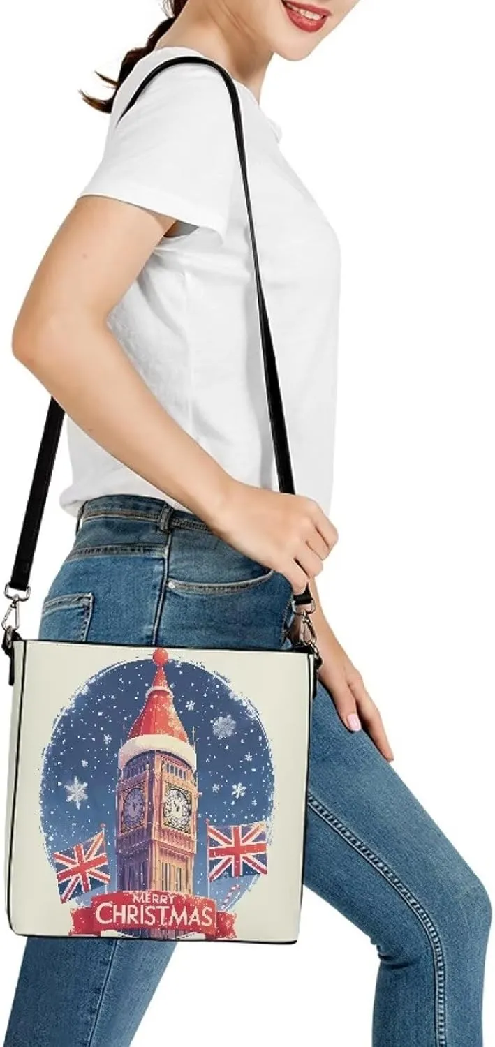 Christmas Tote Bag for Women, Xmas Bucket Totes Bag, PU Leather Shoulder Tote Bags Holiday Gift for Mom Teacher