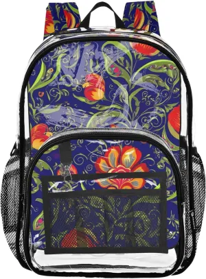 Clear Backpack for Women Kids Backpack for Girls Approved Plastic Bag Large Colorful Red Flowers Navy