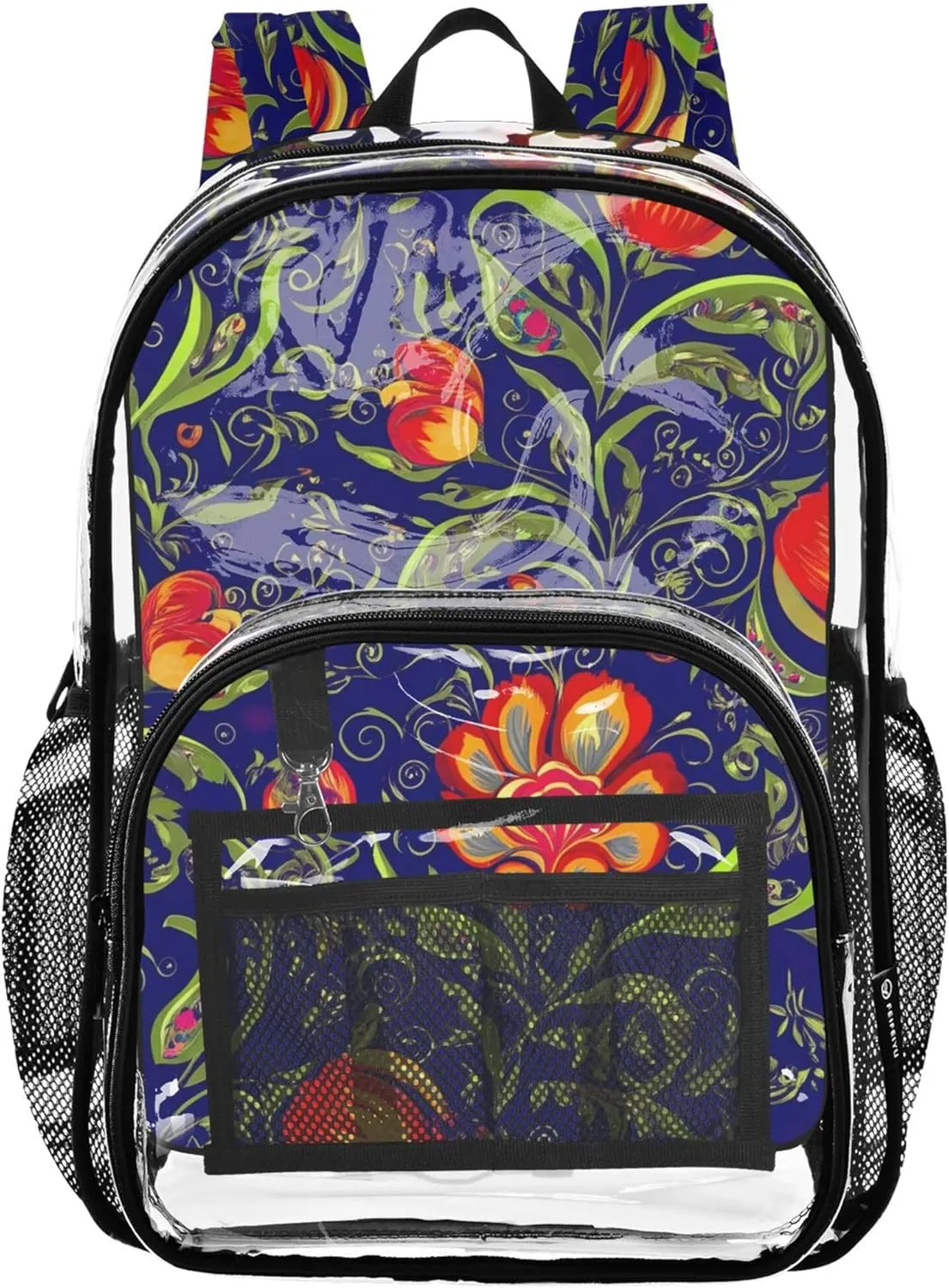 Clear Backpack for Women Kids Backpack for Girls Approved Plastic Bag Large Colorful Red Flowers Navy