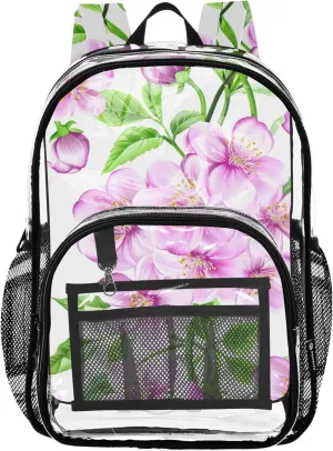 Clear Bag for Women Travel Pink Flowers Green Leaves White Kids Backpack for Girls Plastic Transparent Bookbag