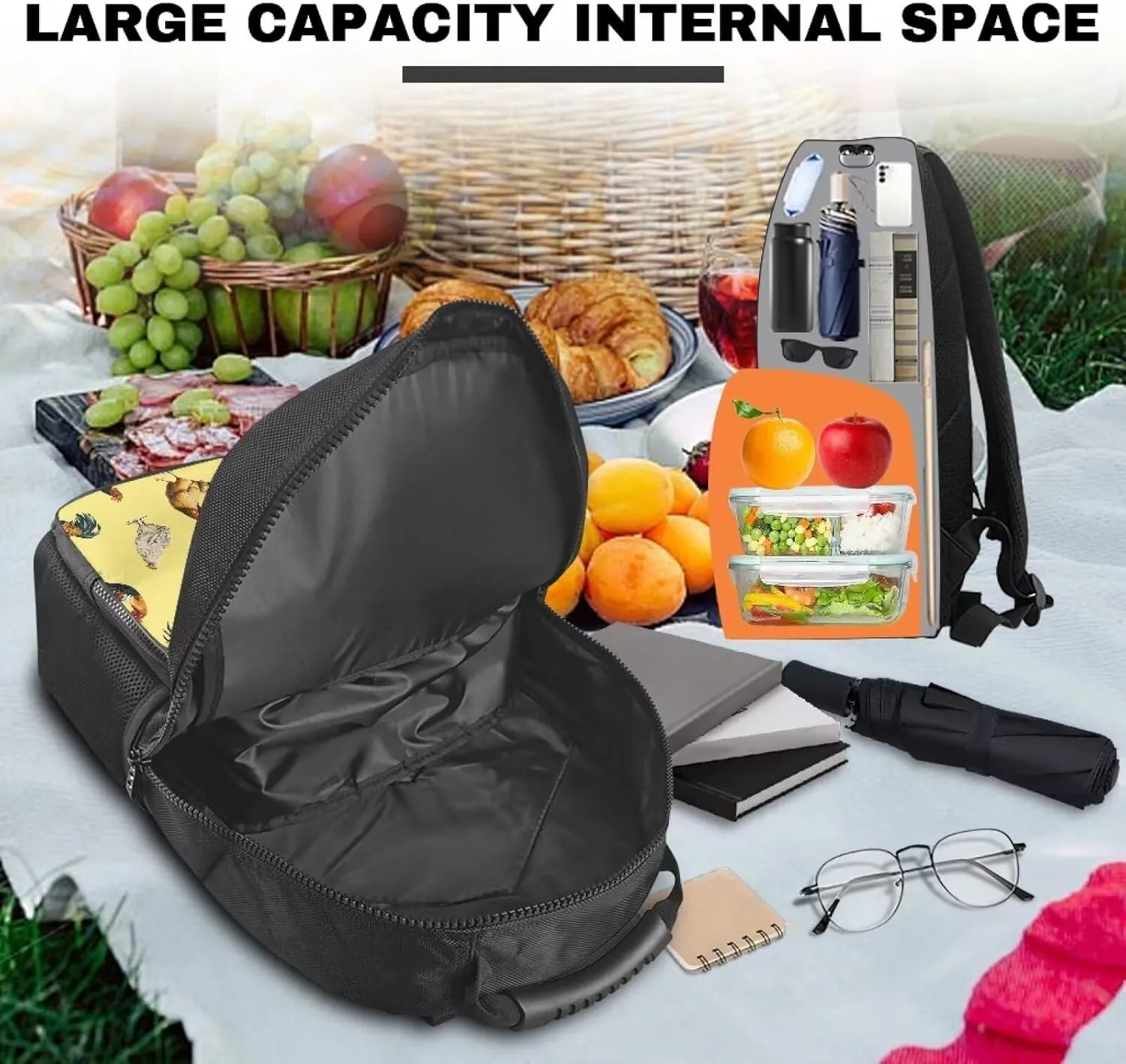 COEQINE Farm Themes Chicken Backpack For Work Teacher Leafproof Backpack With Lunch Bag Large Capacity Backpack With Handles Zipper Backpack With Handles Portable Food Bag Keep Cold