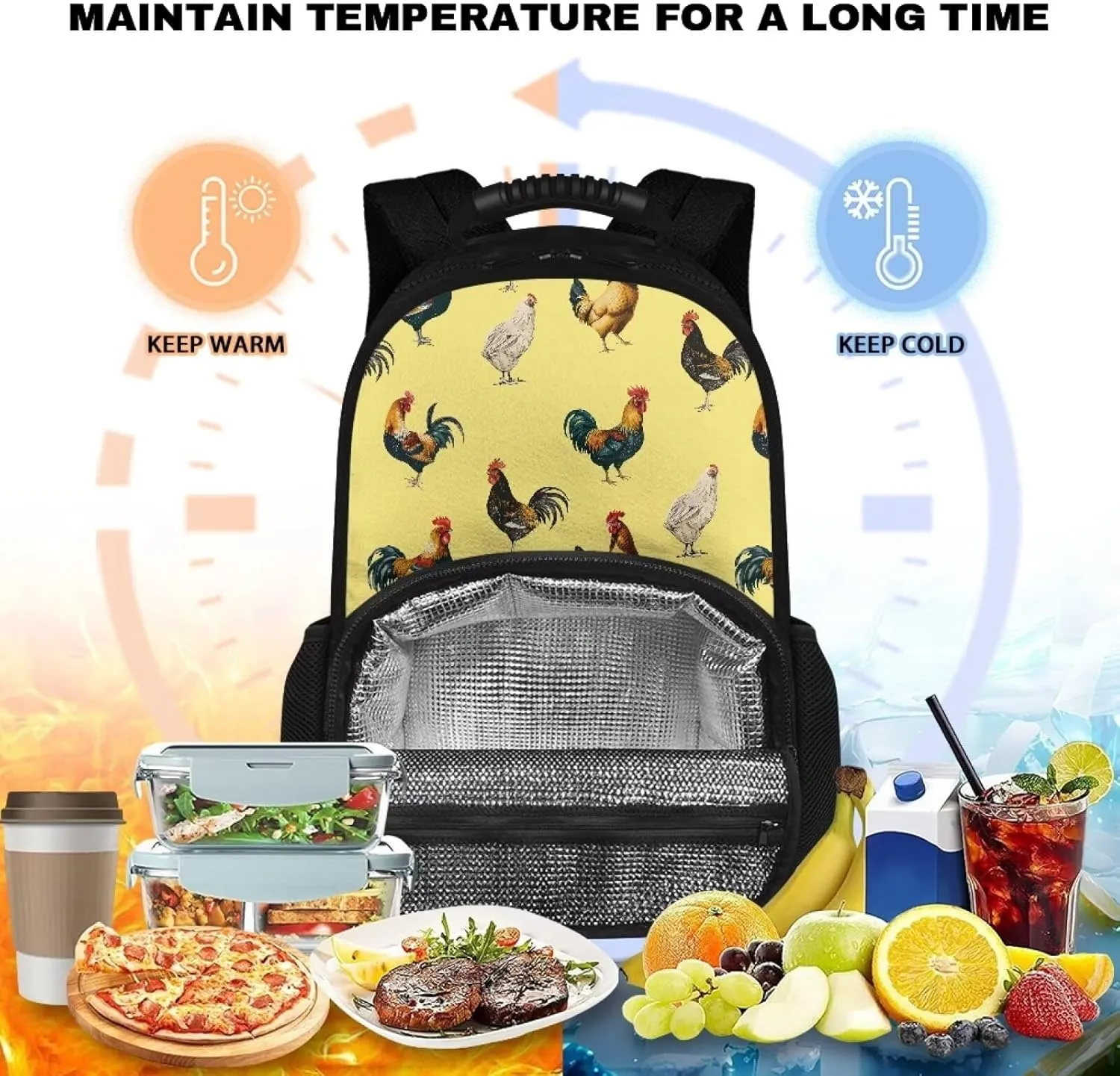 COEQINE Farm Themes Chicken Backpack For Work Teacher Leafproof Backpack With Lunch Bag Large Capacity Backpack With Handles Zipper Backpack With Handles Portable Food Bag Keep Cold