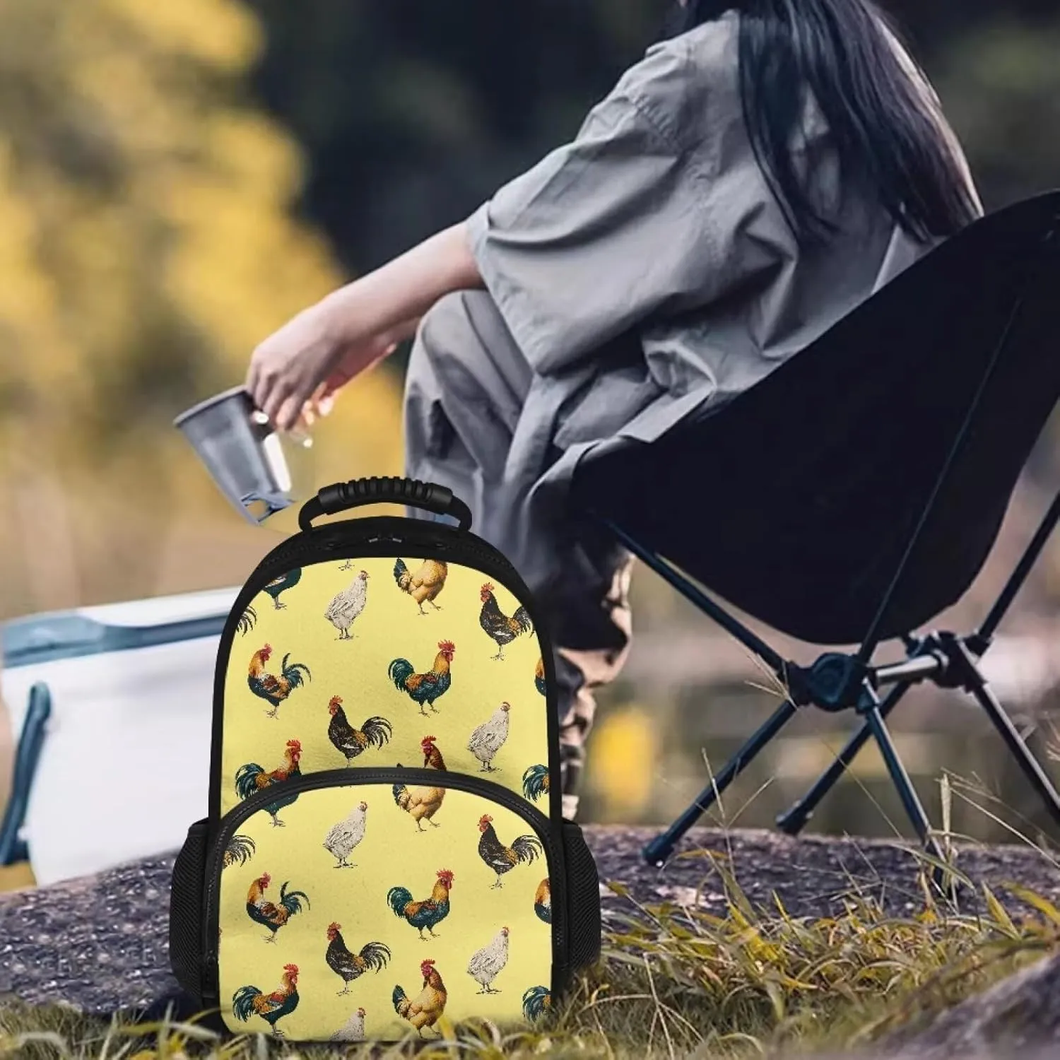 COEQINE Farm Themes Chicken Backpack For Work Teacher Leafproof Backpack With Lunch Bag Large Capacity Backpack With Handles Zipper Backpack With Handles Portable Food Bag Keep Cold