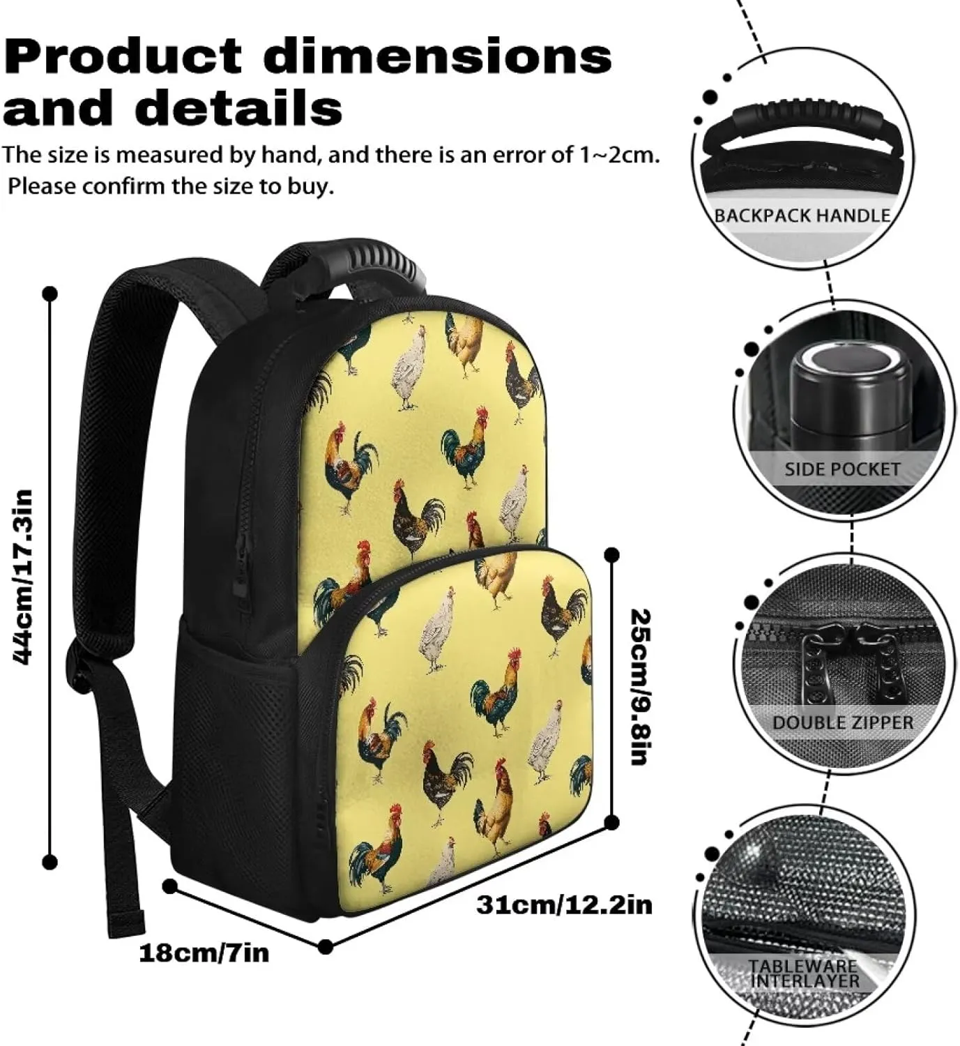 COEQINE Farm Themes Chicken Backpack For Work Teacher Leafproof Backpack With Lunch Bag Large Capacity Backpack With Handles Zipper Backpack With Handles Portable Food Bag Keep Cold