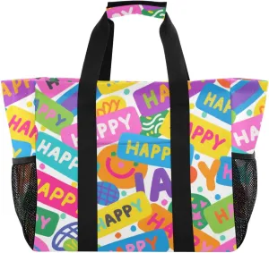 Colorful Cartoon Happy Fashion Large Utility Tote Bag For Women Foldable Beach Tote Bag Sandproof Shopping Bags For Groceries with Handles Laundry Totes Bags