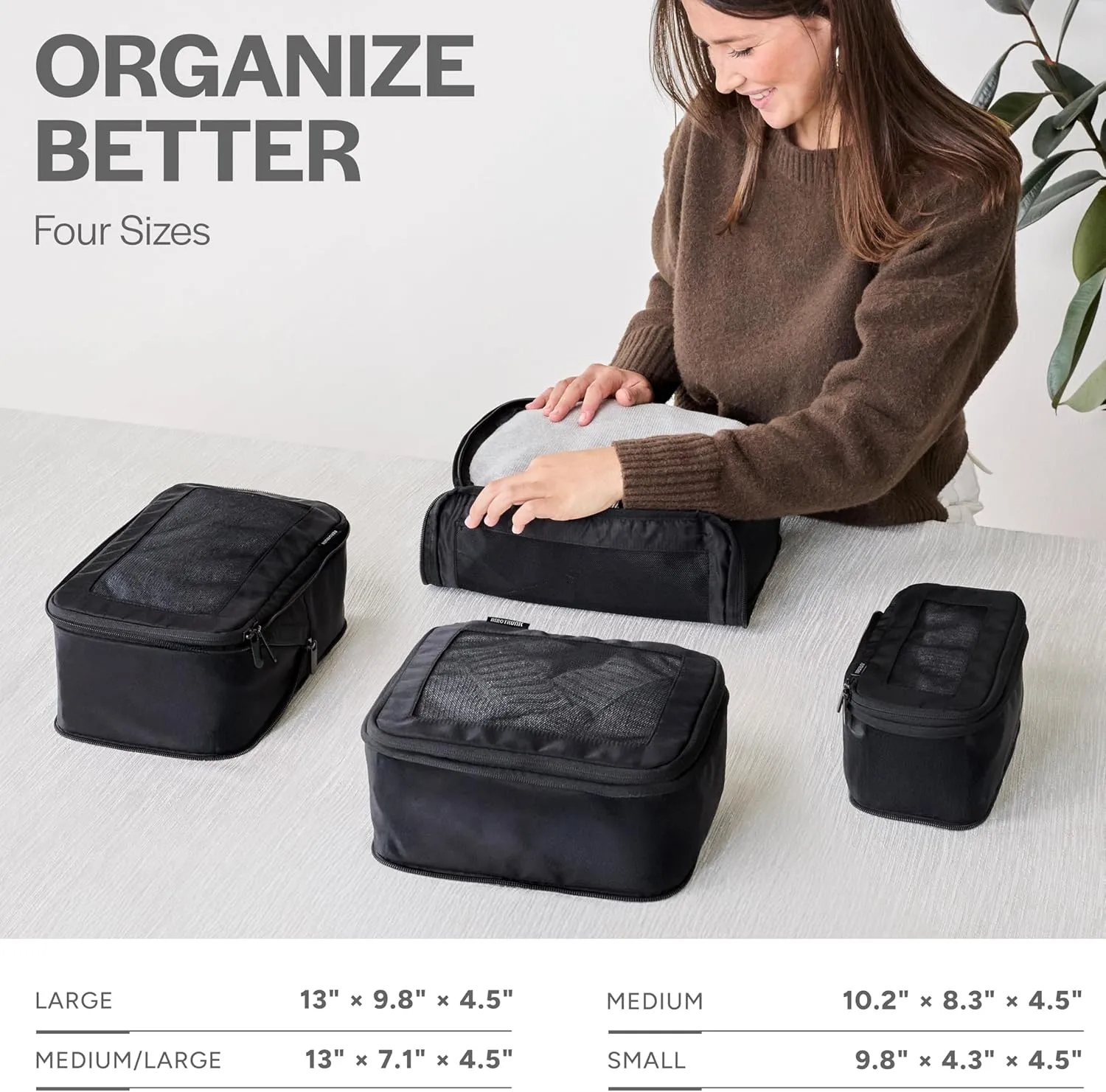 Compression Packing Cubes for Travel - Luggage Organizer Bags - Double Zipper Packing Cubes for Suitcases (4-Pack, Black)