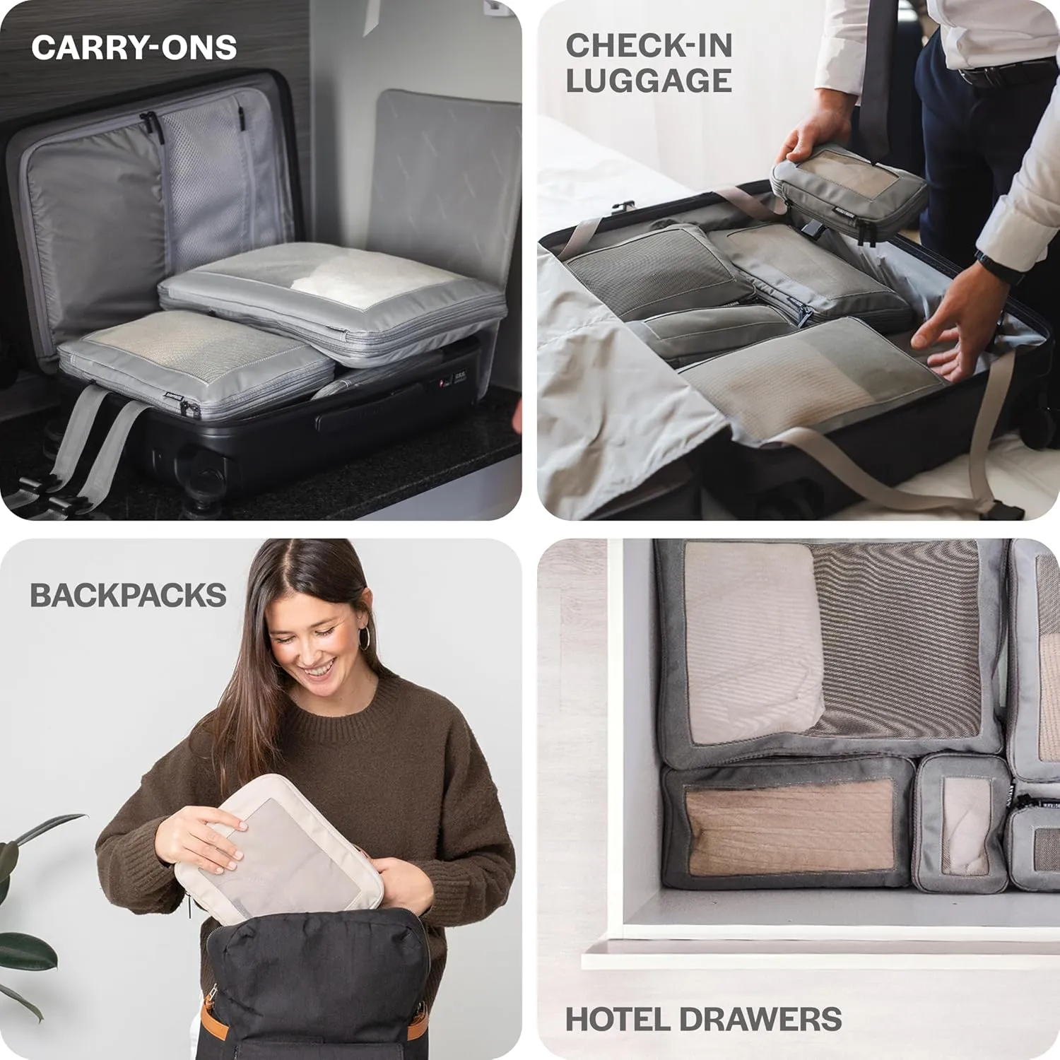 Compression Packing Cubes for Travel - Luggage Organizer Bags - Double Zipper Packing Cubes for Suitcases (4-Pack, Black)