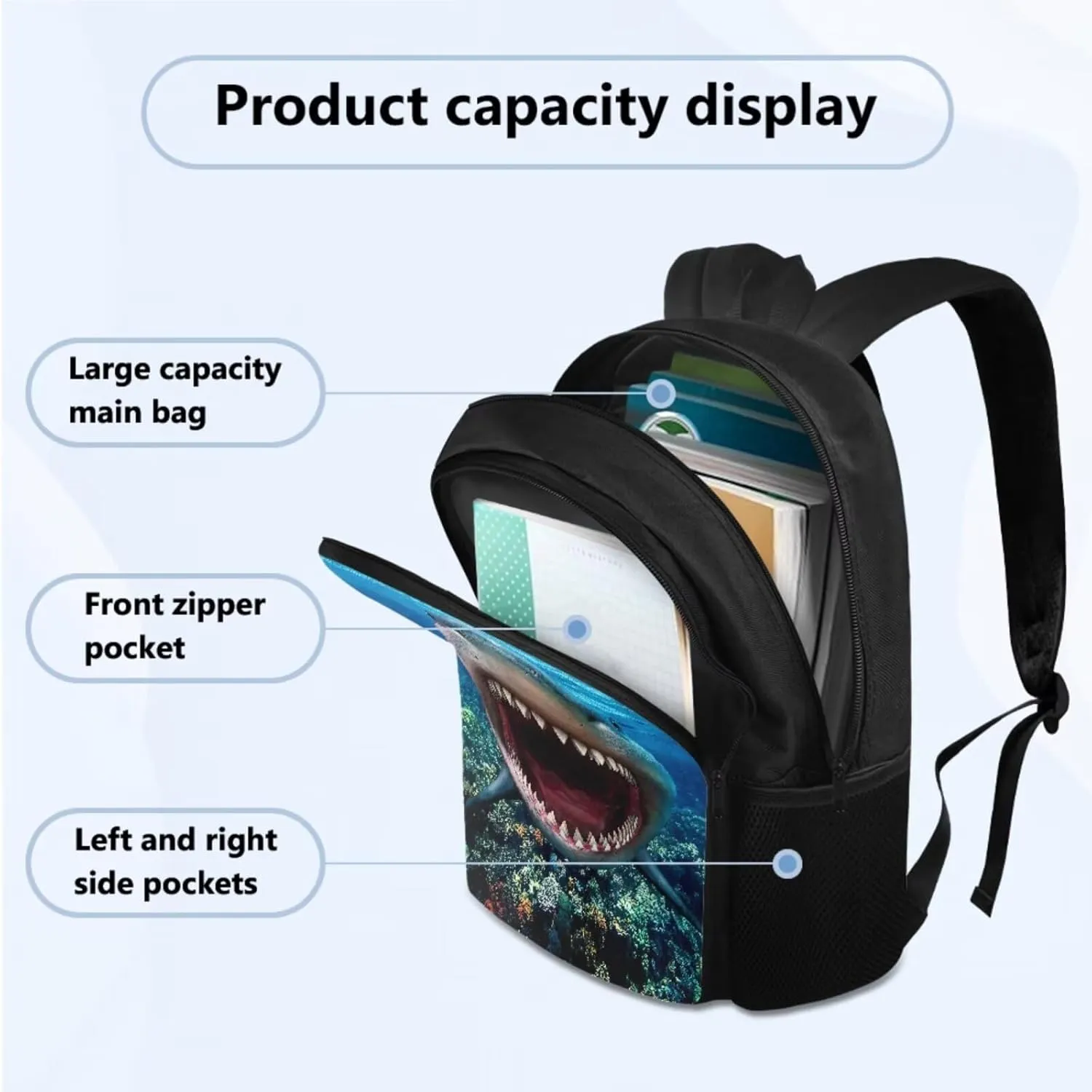Cool Shark Backpack Set for Boys 8-12 with Insulated Lunch Box Pencil Case Personalized Kids Bookbags for Ages 9-12 Fits 2nd 3rd 4th 5th Grade Multipurpose 3 in 1 School Bag Set