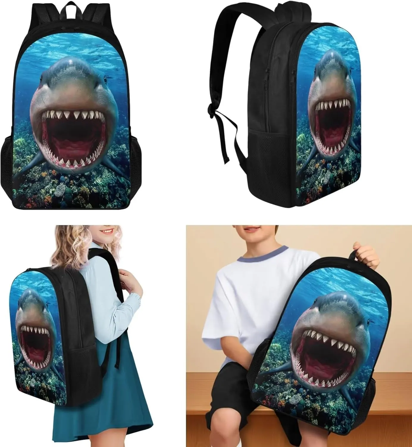 Cool Shark Backpack Set for Boys 8-12 with Insulated Lunch Box Pencil Case Personalized Kids Bookbags for Ages 9-12 Fits 2nd 3rd 4th 5th Grade Multipurpose 3 in 1 School Bag Set