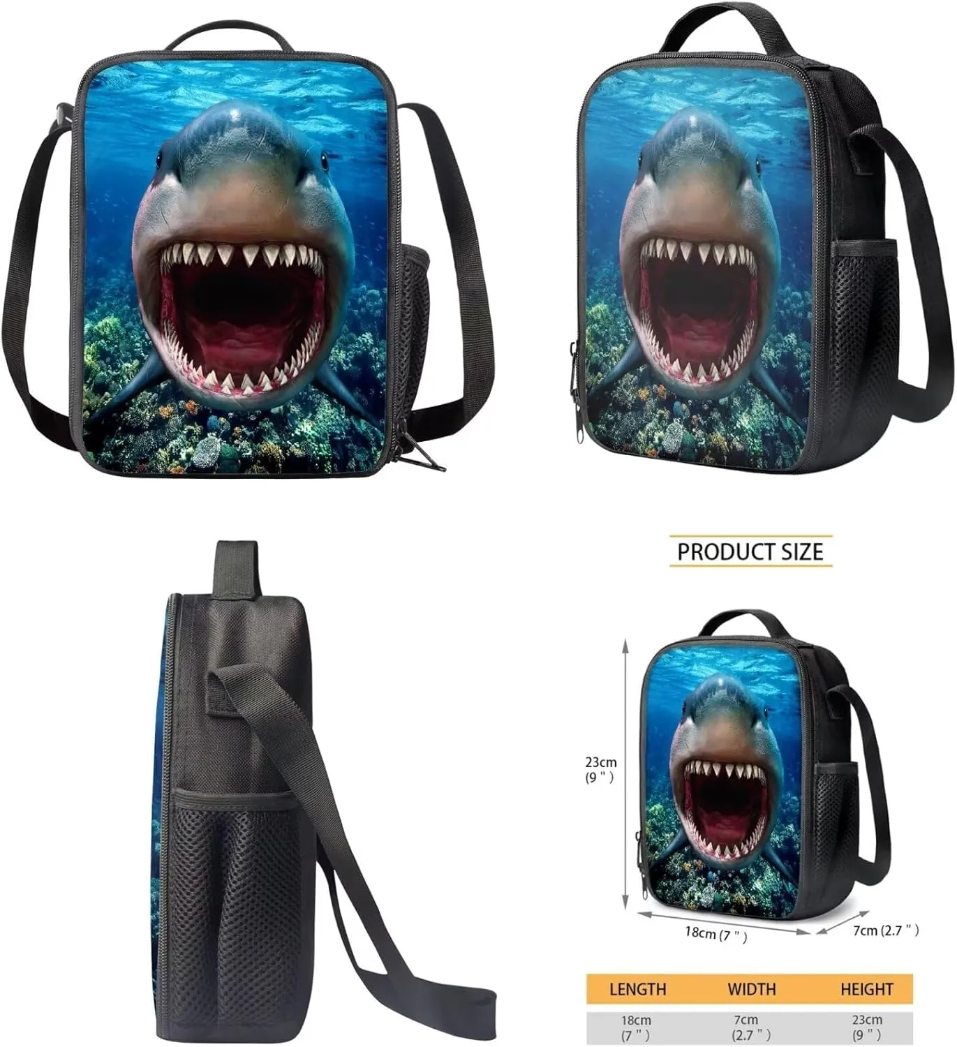 Cool Shark Backpack Set for Boys 8-12 with Insulated Lunch Box Pencil Case Personalized Kids Bookbags for Ages 9-12 Fits 2nd 3rd 4th 5th Grade Multipurpose 3 in 1 School Bag Set