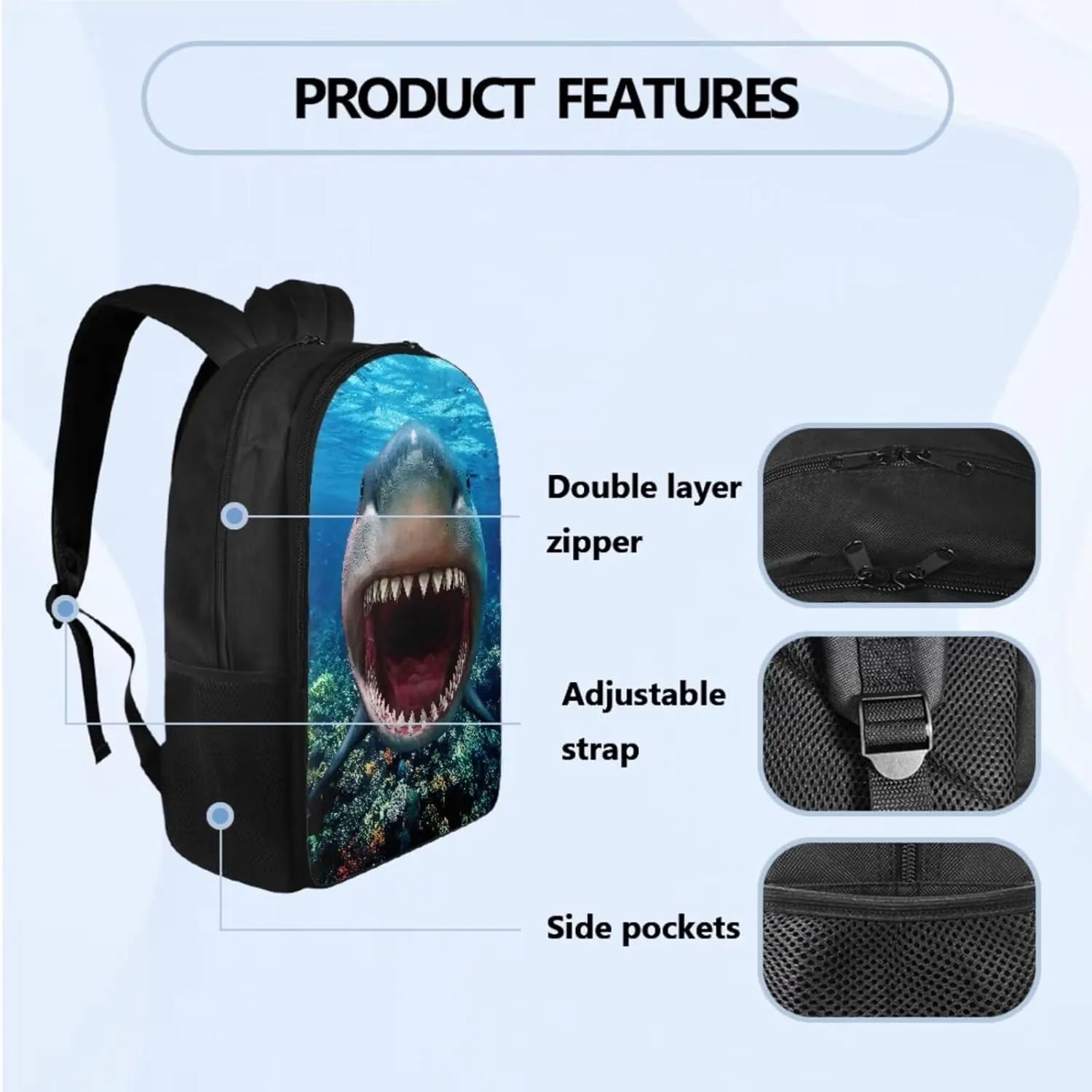Cool Shark Backpack Set for Boys 8-12 with Insulated Lunch Box Pencil Case Personalized Kids Bookbags for Ages 9-12 Fits 2nd 3rd 4th 5th Grade Multipurpose 3 in 1 School Bag Set