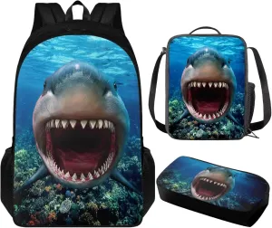 Cool Shark Backpack Set for Boys 8-12 with Insulated Lunch Box Pencil Case Personalized Kids Bookbags for Ages 9-12 Fits 2nd 3rd 4th 5th Grade Multipurpose 3 in 1 School Bag Set