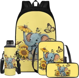 Cute Elephant School Bag for Girls Butterfly Kids Backpacks for Travel Sunflower Backpacks and Lunch Boxes for Girls Pencil Case Cute Sport Water Bottle Cover for Cycling Traveling