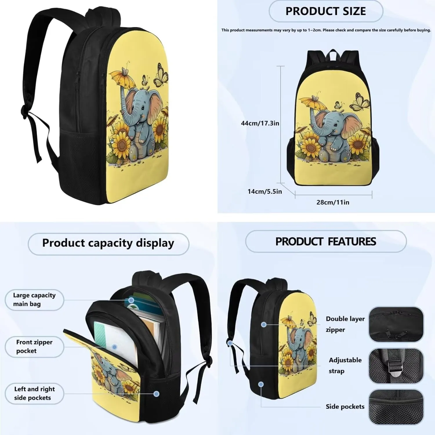 Cute Elephant School Bag for Girls Butterfly Kids Backpacks for Travel Sunflower Backpacks and Lunch Boxes for Girls Pencil Case Cute Sport Water Bottle Cover for Cycling Traveling