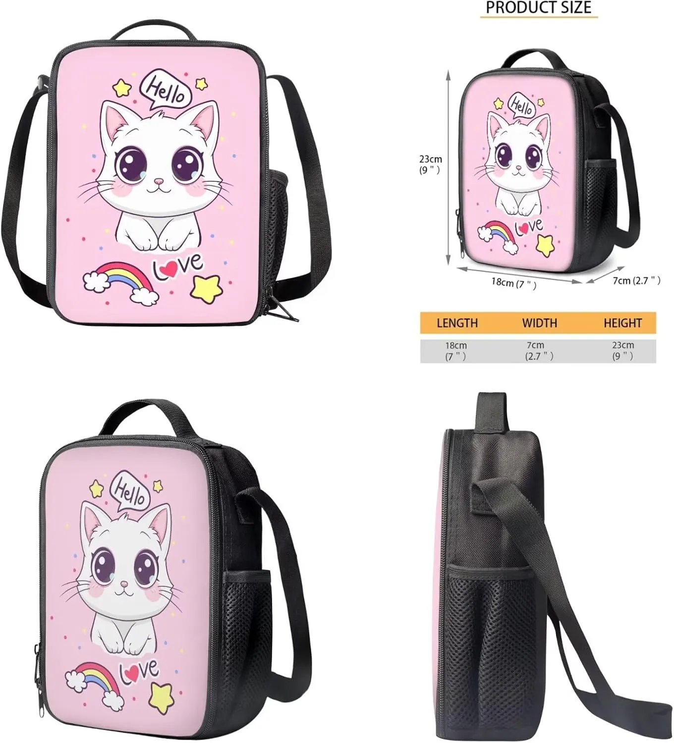 Cute Kitten Kids' Backpacks & Lunch Boxes Rainbow School Bag for Girls Kids Backpacks Boys School Bag for Teenage Girls Lunch Bags for School Insulated Pencil Box Bottle Cooler Bag