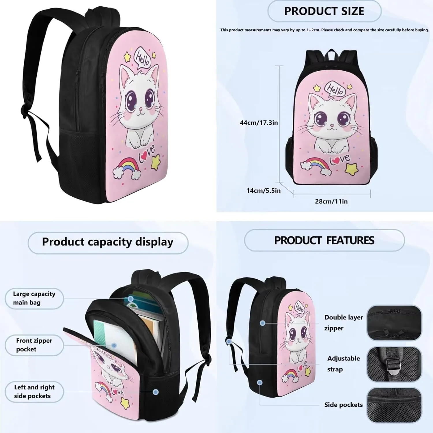 Cute Kitten Kids' Backpacks & Lunch Boxes Rainbow School Bag for Girls Kids Backpacks Boys School Bag for Teenage Girls Lunch Bags for School Insulated Pencil Box Bottle Cooler Bag