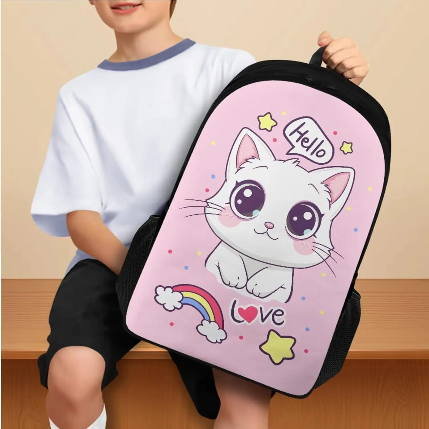 Cute Kitten Kids' Backpacks & Lunch Boxes Rainbow School Bag for Girls Kids Backpacks Boys School Bag for Teenage Girls Lunch Bags for School Insulated Pencil Box Bottle Cooler Bag