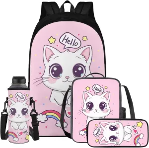 Cute Kitten Kids' Backpacks & Lunch Boxes Rainbow School Bag for Girls Kids Backpacks Boys School Bag for Teenage Girls Lunch Bags for School Insulated Pencil Box Bottle Cooler Bag