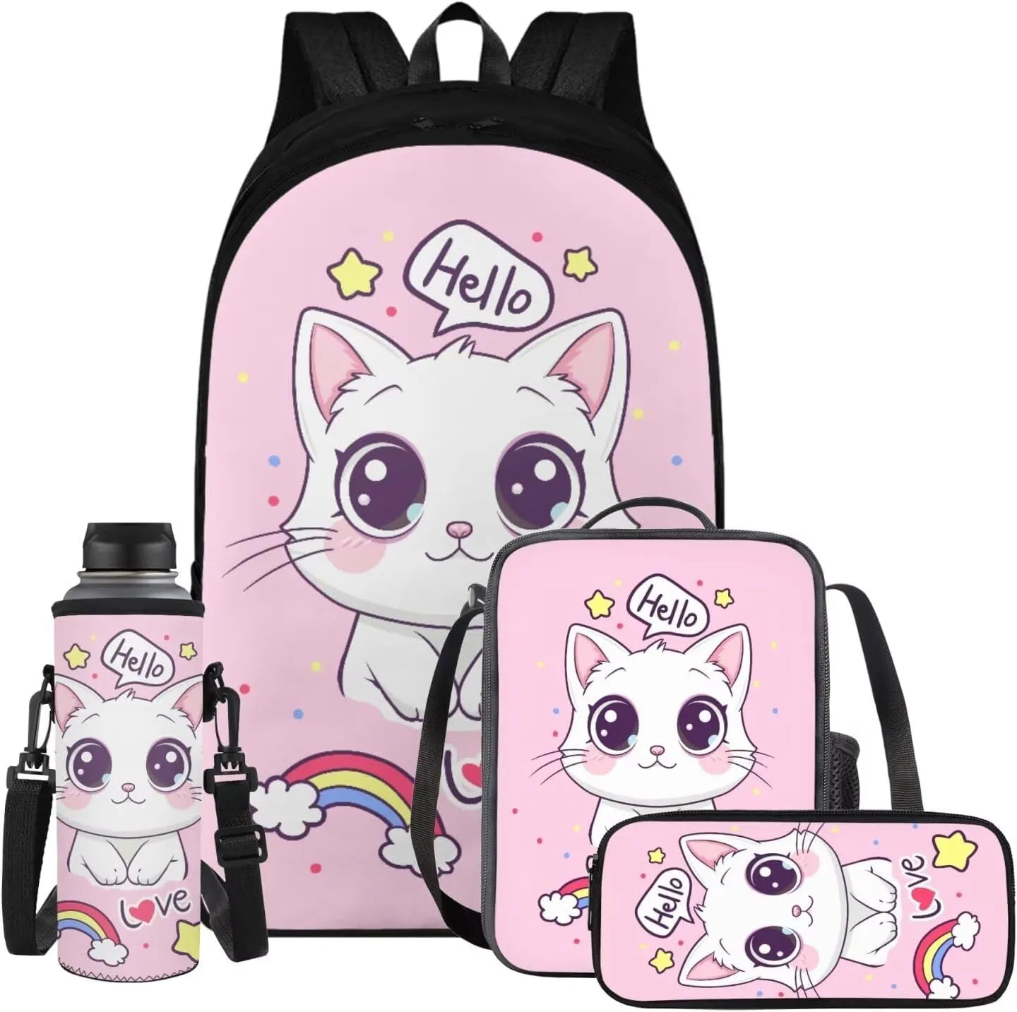 Cute Kitten Kids' Backpacks & Lunch Boxes Rainbow School Bag for Girls Kids Backpacks Boys School Bag for Teenage Girls Lunch Bags for School Insulated Pencil Box Bottle Cooler Bag