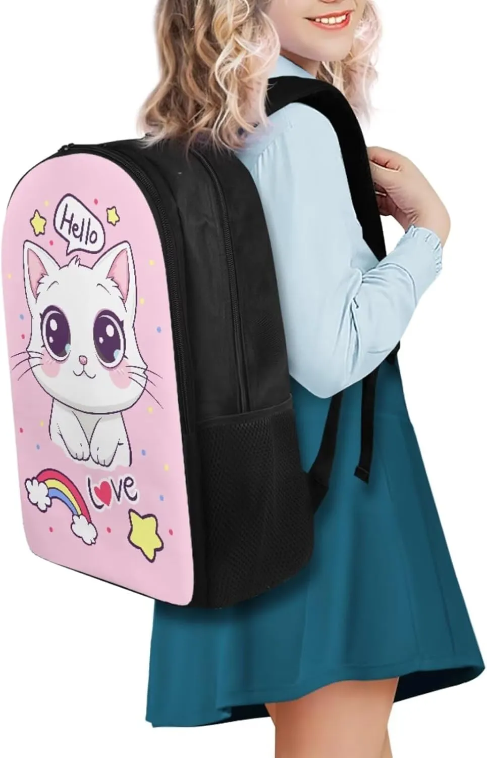 Cute Kitten Kids' Backpacks & Lunch Boxes Rainbow School Bag for Girls Kids Backpacks Boys School Bag for Teenage Girls Lunch Bags for School Insulated Pencil Box Bottle Cooler Bag
