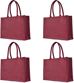 Deep Red Juco Tote Bag Set of 4  Durable Reusable Burlap Totes with Handles for Shopping, Beach, Weddings, and DIY Crafts (13"H x 18"L x 6"W)