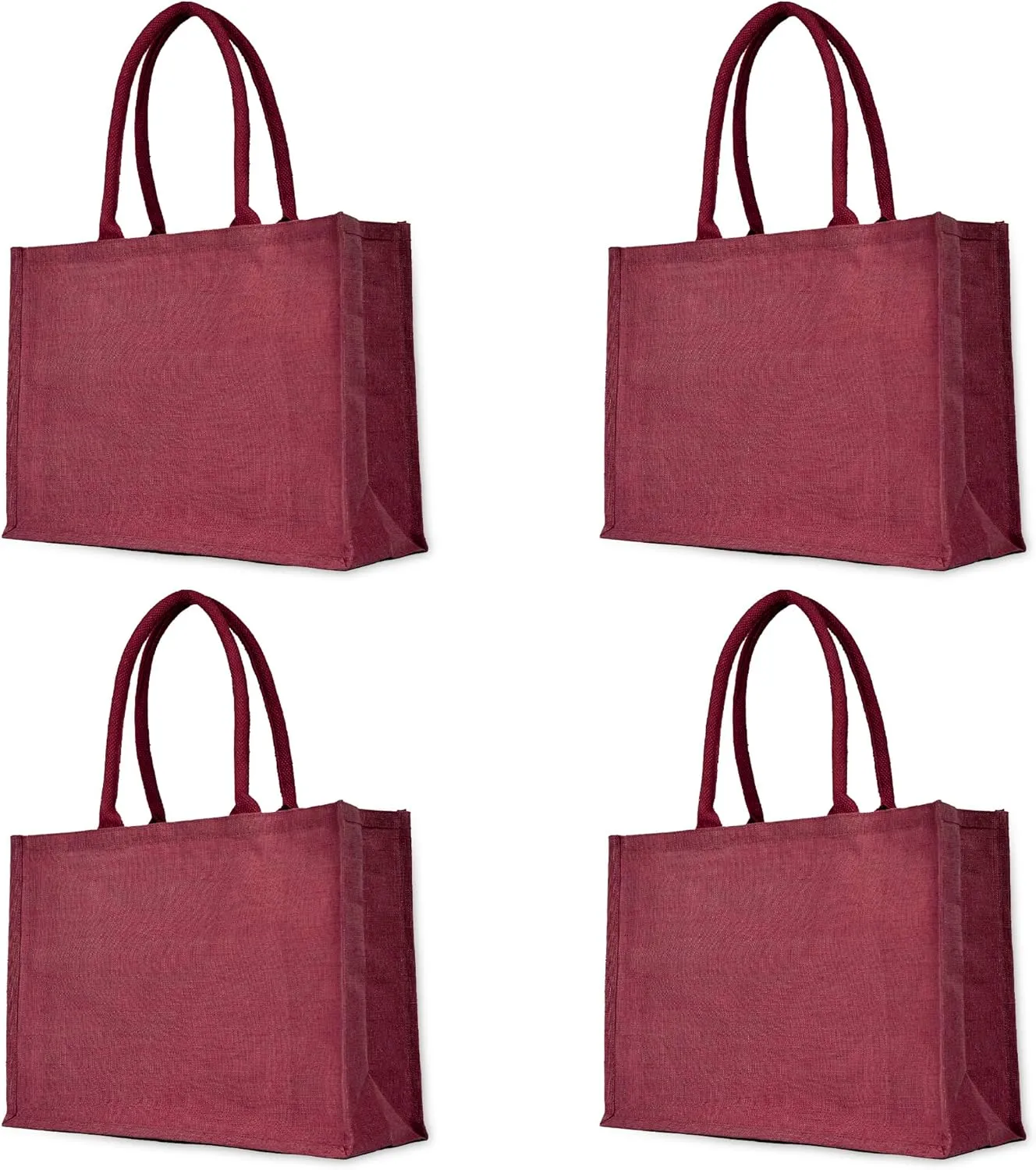 Deep Red Juco Tote Bag Set of 4  Durable Reusable Burlap Totes with Handles for Shopping, Beach, Weddings, and DIY Crafts (13"H x 18"L x 6"W)