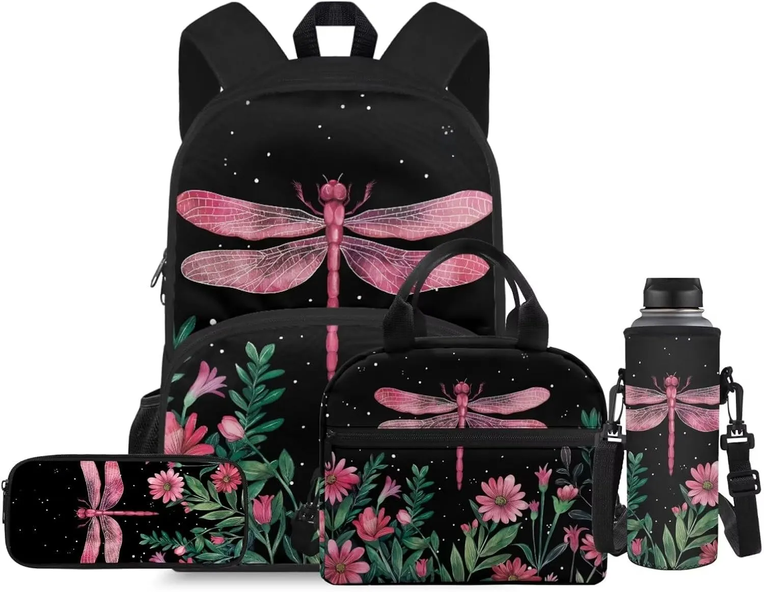 Dragonfly Kids' Backpacks & Lunch Boxes Flower School Bag for Girls Kids Backpacks Boys School Bag for Teenage Girls Lunch Bags for School Insulated Pencil Box Bottle Cooler Bag