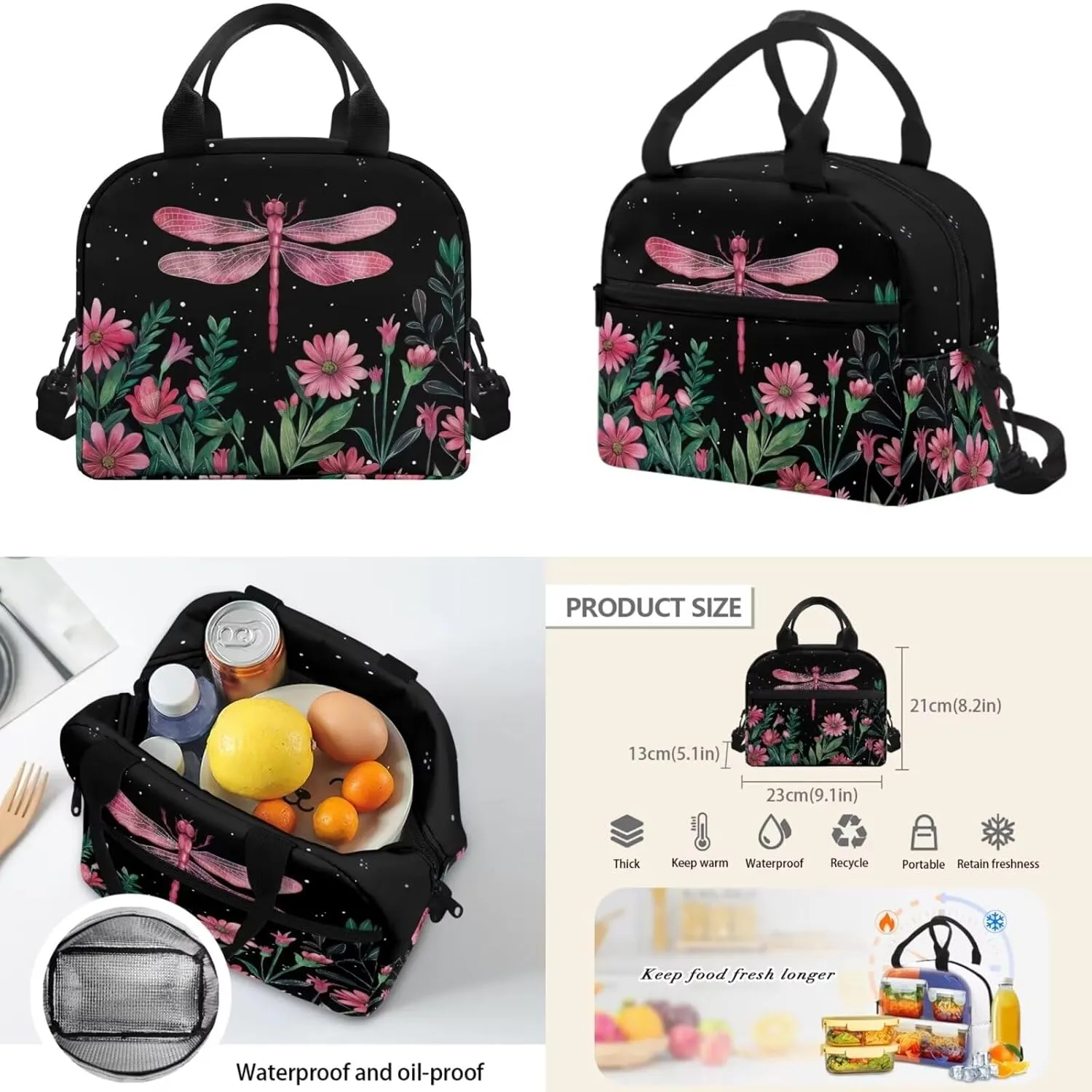 Dragonfly Kids' Backpacks & Lunch Boxes Flower School Bag for Girls Kids Backpacks Boys School Bag for Teenage Girls Lunch Bags for School Insulated Pencil Box Bottle Cooler Bag