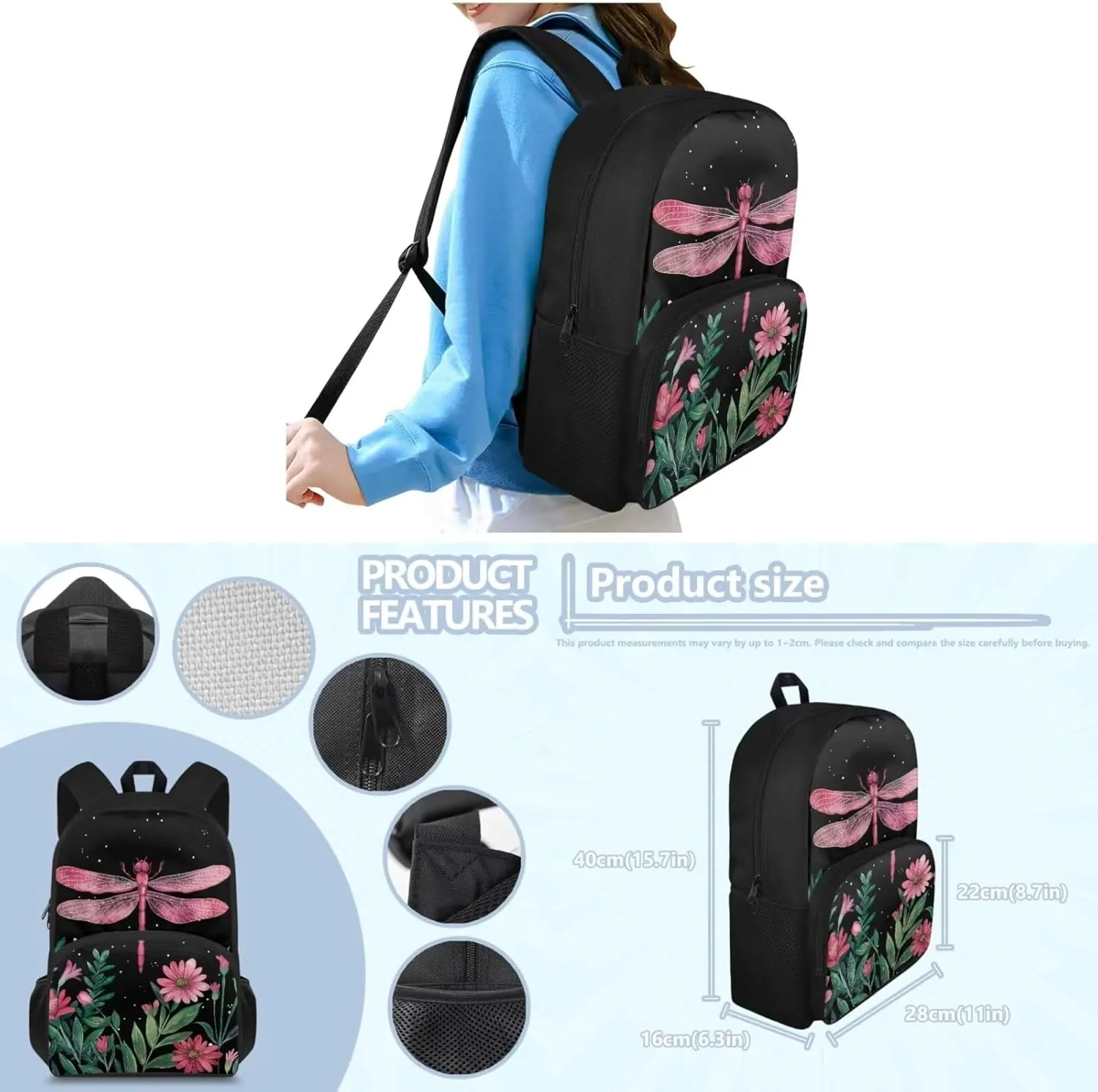 Dragonfly Kids' Backpacks & Lunch Boxes Flower School Bag for Girls Kids Backpacks Boys School Bag for Teenage Girls Lunch Bags for School Insulated Pencil Box Bottle Cooler Bag