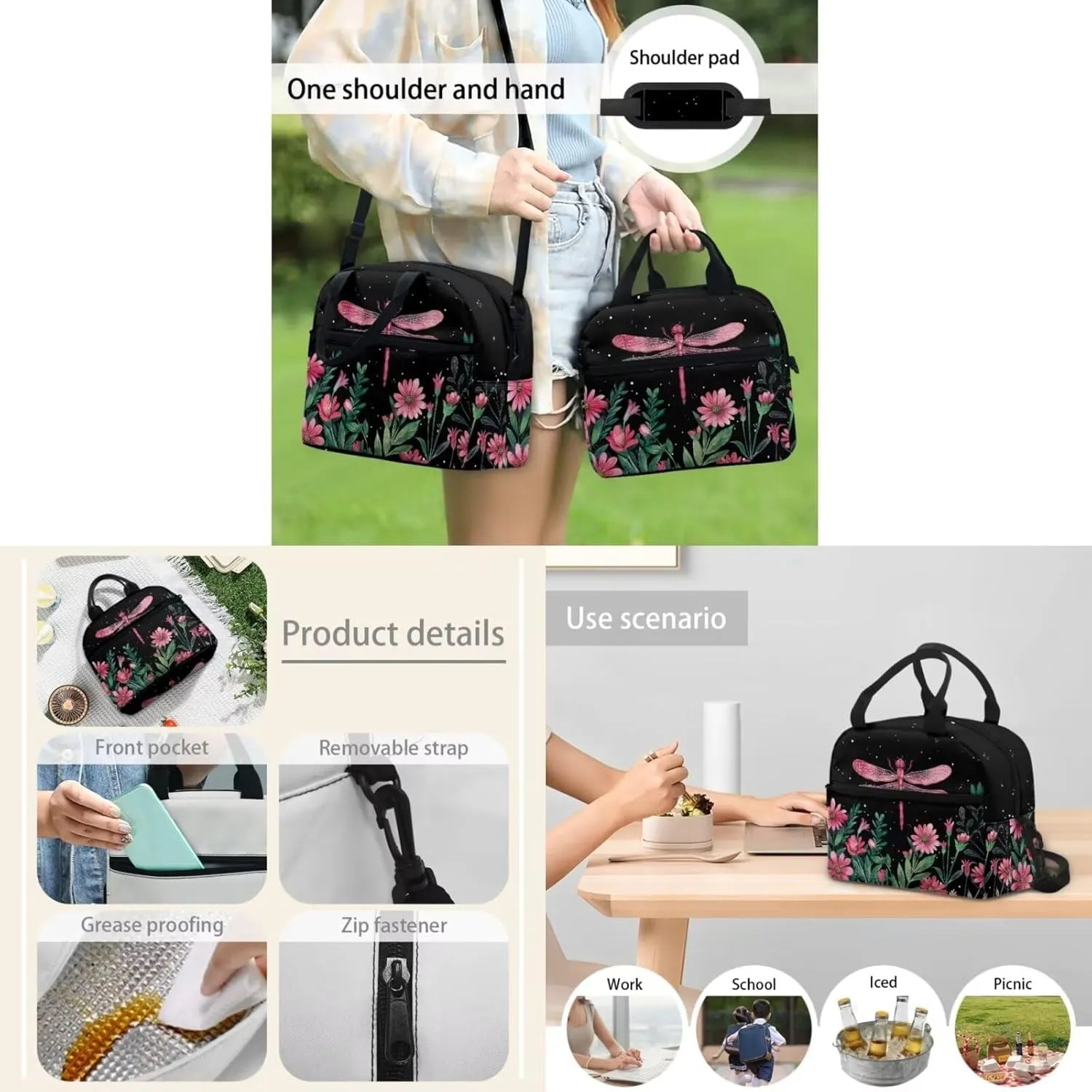 Dragonfly Kids' Backpacks & Lunch Boxes Flower School Bag for Girls Kids Backpacks Boys School Bag for Teenage Girls Lunch Bags for School Insulated Pencil Box Bottle Cooler Bag