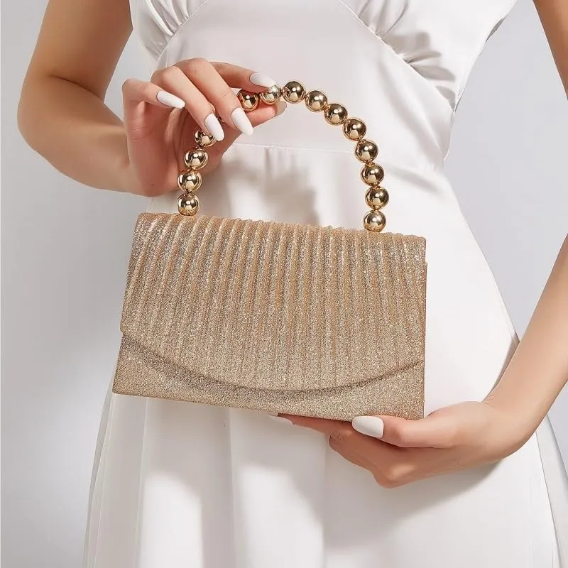 Fabric Art Sequins Clutch Purses Pearl Handles Evening Bag