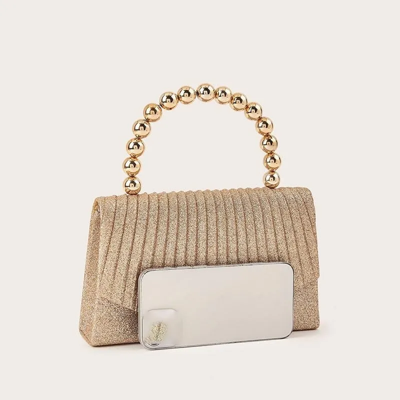 Fabric Art Sequins Clutch Purses Pearl Handles Evening Bag