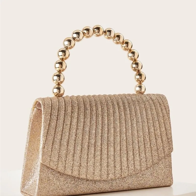 Fabric Art Sequins Clutch Purses Pearl Handles Evening Bag