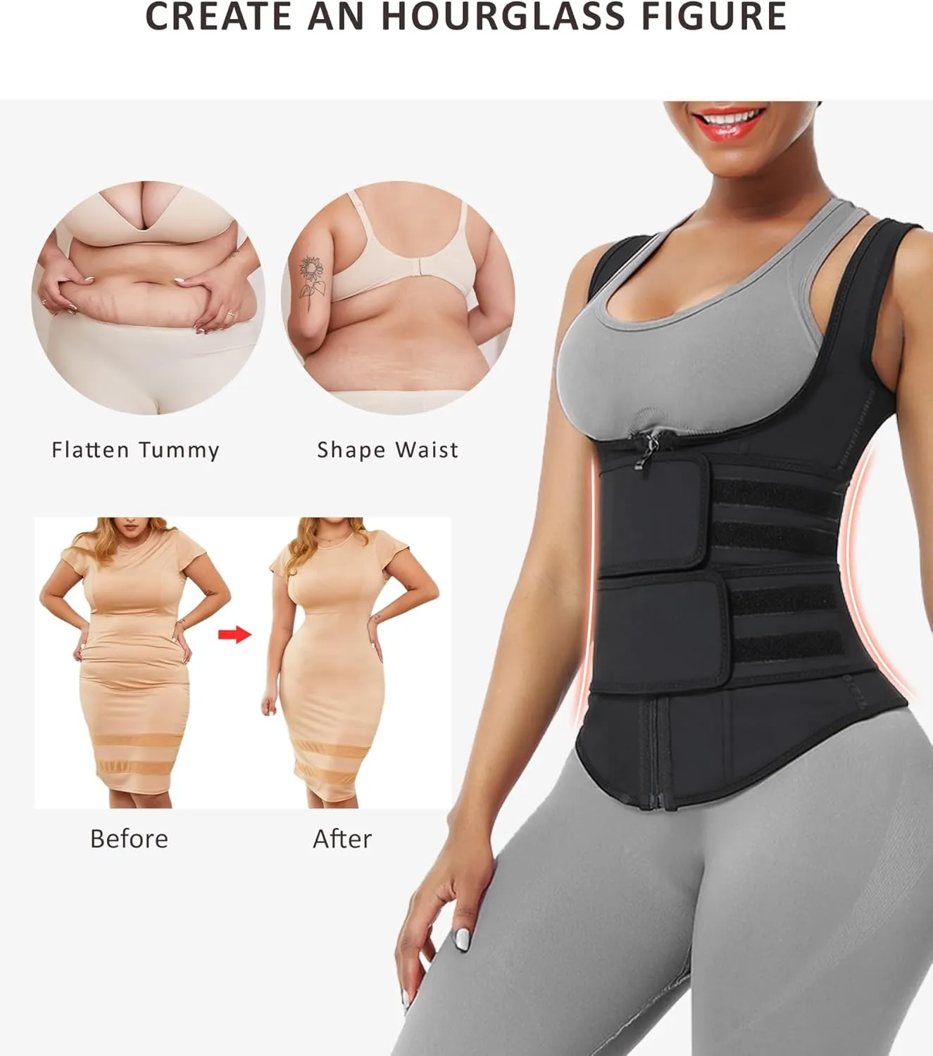FeelinGirl Latex Waist Trainers Vest for Women Plus Size Waist Cincher Corset Two Belts Zipper 9 Steel Bones