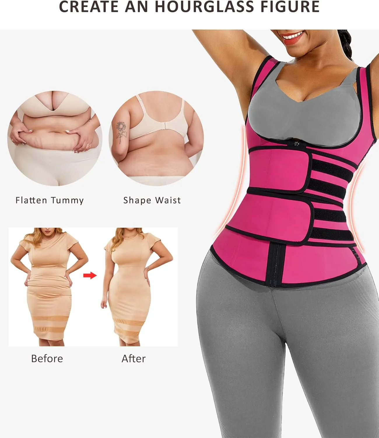 FeelinGirl Latex Waist Trainers Vest for Women Plus Size Waist Cincher Corset Two Belts Zipper 9 Steel Bones