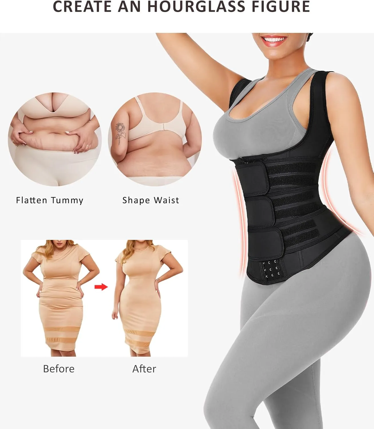FeelinGirl Waist Trainer for Women Latex Waist Trainers Vest Plus Size Waist Cincher Corset 3 Belts Hooks Steel Bones