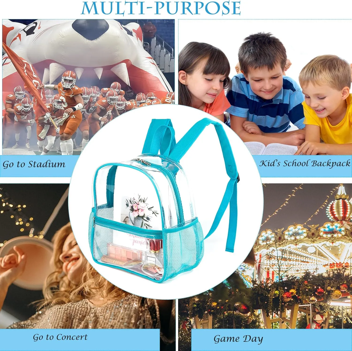 Fomaris Stadium Approved Clear Backpack 12x12x6, Small See Through Mini Plastic Concert Backpack (Turquoise)