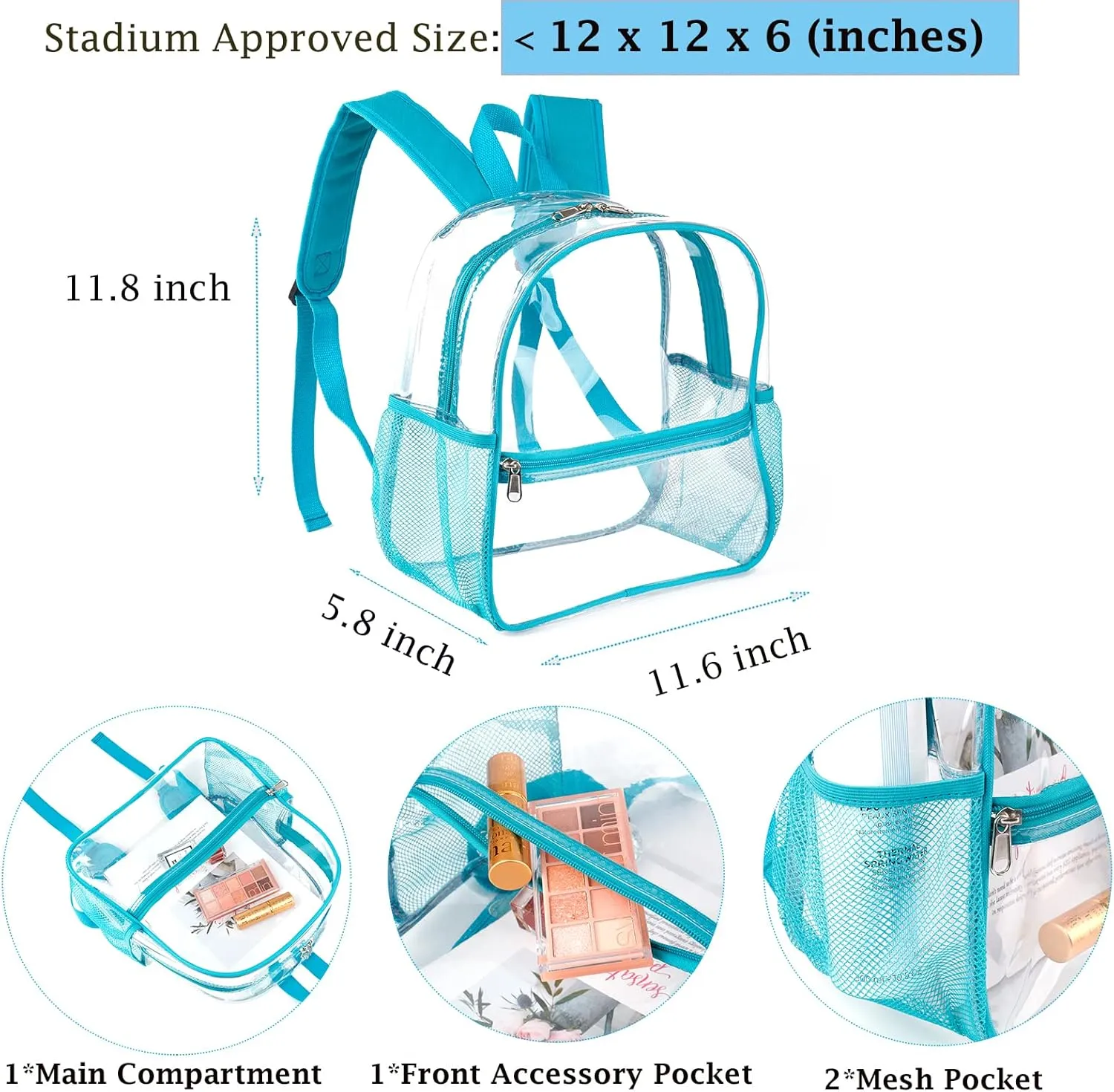 Fomaris Stadium Approved Clear Backpack 12x12x6, Small See Through Mini Plastic Concert Backpack (Turquoise)
