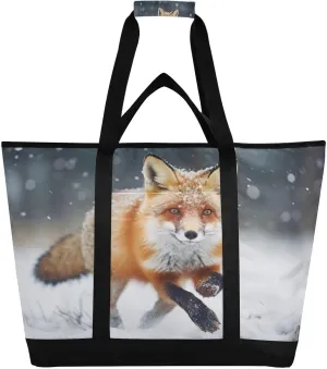 Fox Red Running Tote Bag for Women with Zipper Reusable Grocery Bags Foldable Insulated Cooler Bag Totes Handbags Shopping Bags for Groceries Picnic Travel Beach Work
