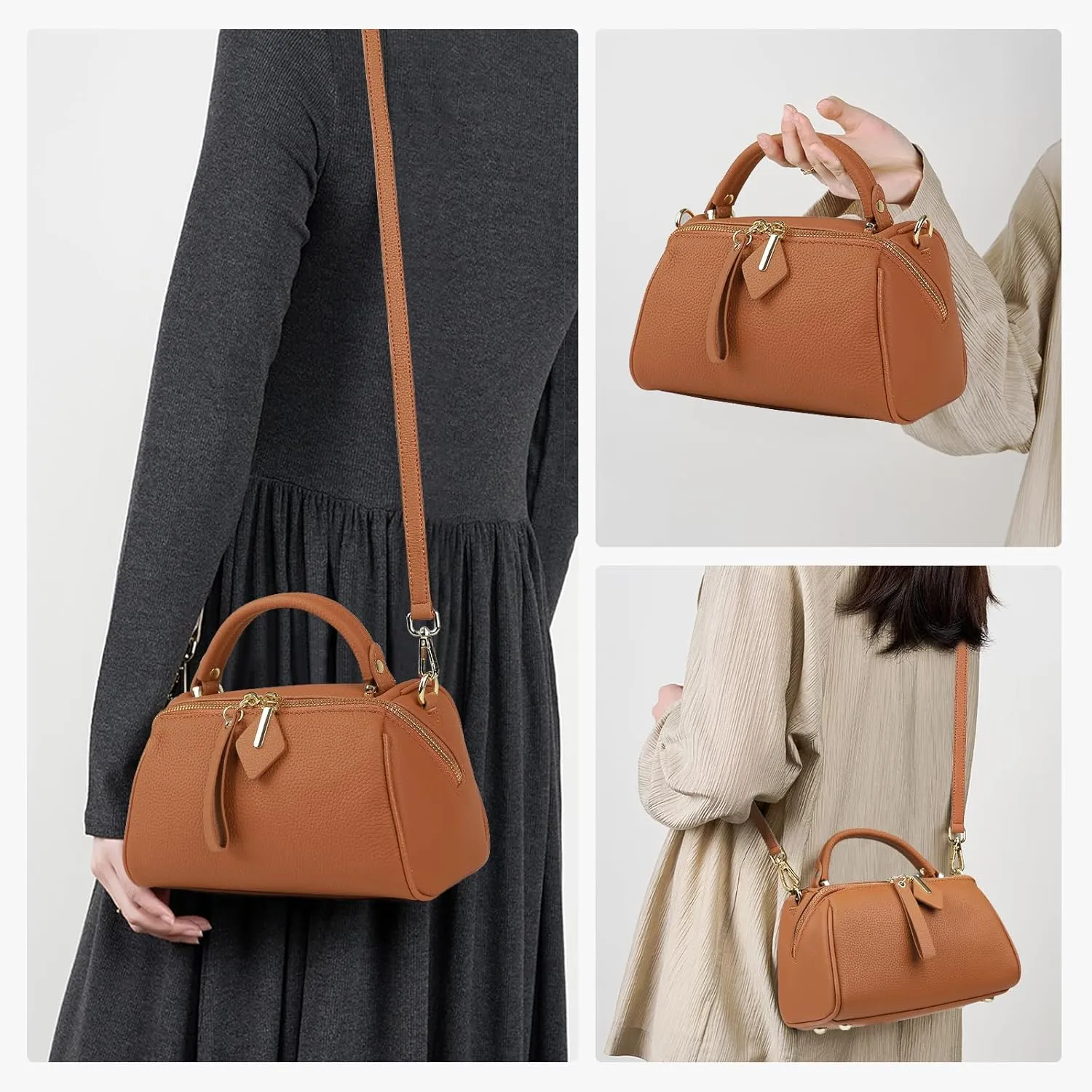 Genuine Leather Boston Bags for Women, Crossbody Bags Vintage Top Handle Satchels for Ladies with Adjustable Strap