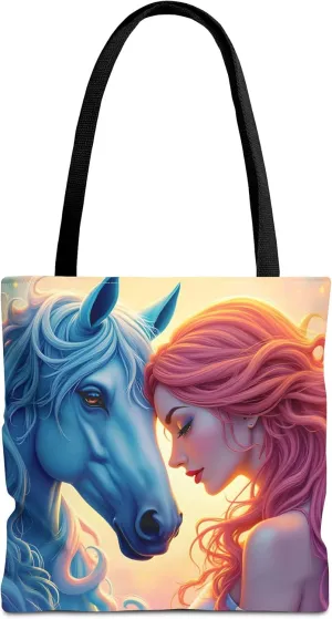 Girl & Blue Horse Tote Bag- Fantasy Art Totes Fashion Accessory Reusable Bags for Shopping Beach Pool Vacation Kids Baby