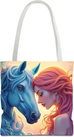 Girl & Blue Horse Tote Bag- Fantasy Art Totes Fashion Accessory Reusable Bags for Shopping Beach Pool Vacation Kids Baby
