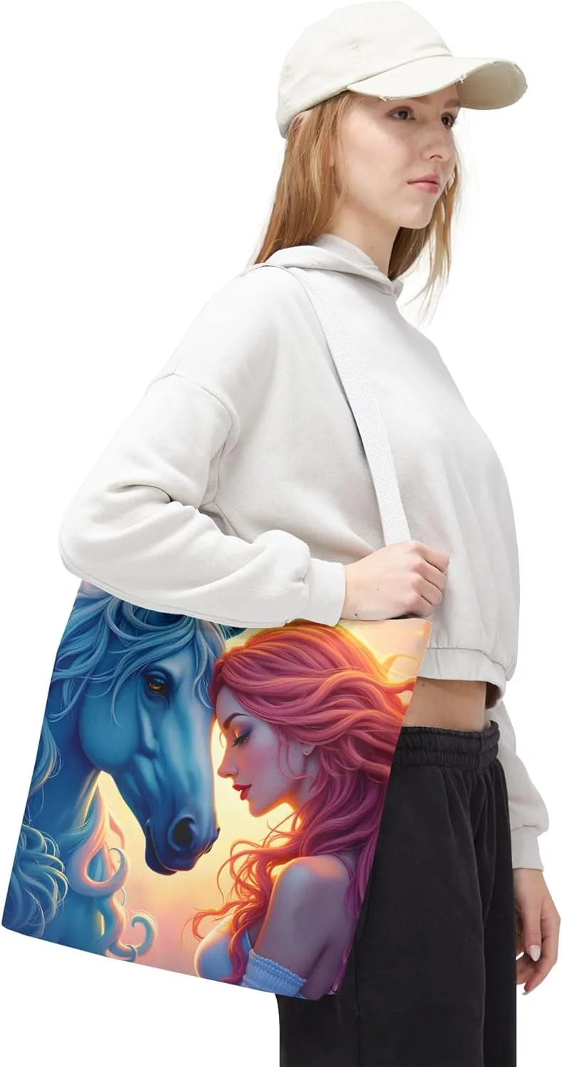 Girl & Blue Horse Tote Bag- Fantasy Art Totes Fashion Accessory Reusable Bags for Shopping Beach Pool Vacation Kids Baby