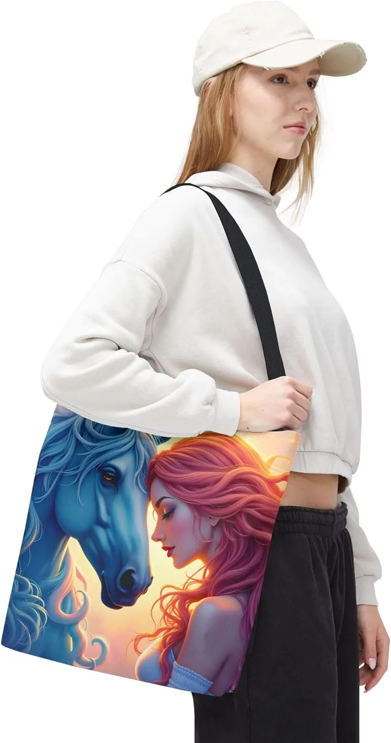 Girl & Blue Horse Tote Bag- Fantasy Art Totes Fashion Accessory Reusable Bags for Shopping Beach Pool Vacation Kids Baby