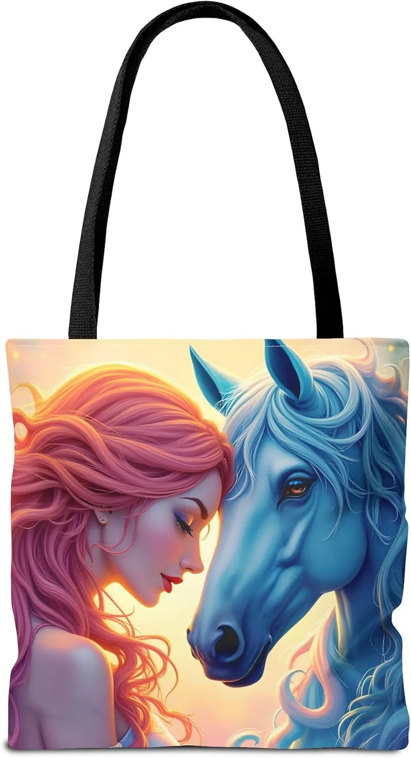 Girl & Blue Horse Tote Bag- Fantasy Art Totes Fashion Accessory Reusable Bags for Shopping Beach Pool Vacation Kids Baby