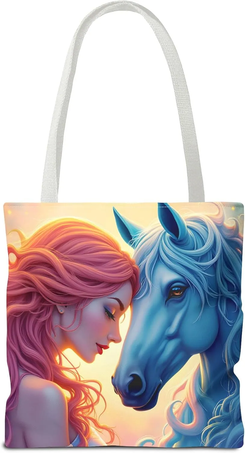Girl & Blue Horse Tote Bag- Fantasy Art Totes Fashion Accessory Reusable Bags for Shopping Beach Pool Vacation Kids Baby